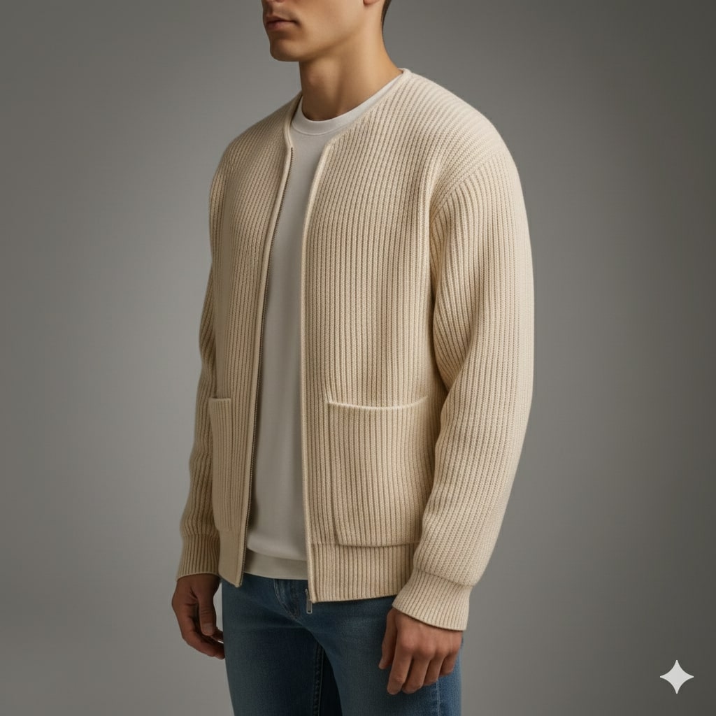 Jayden Men’s Knit Cardigan – Zip Up Sweater with Textured Knit & Patch Pockets
