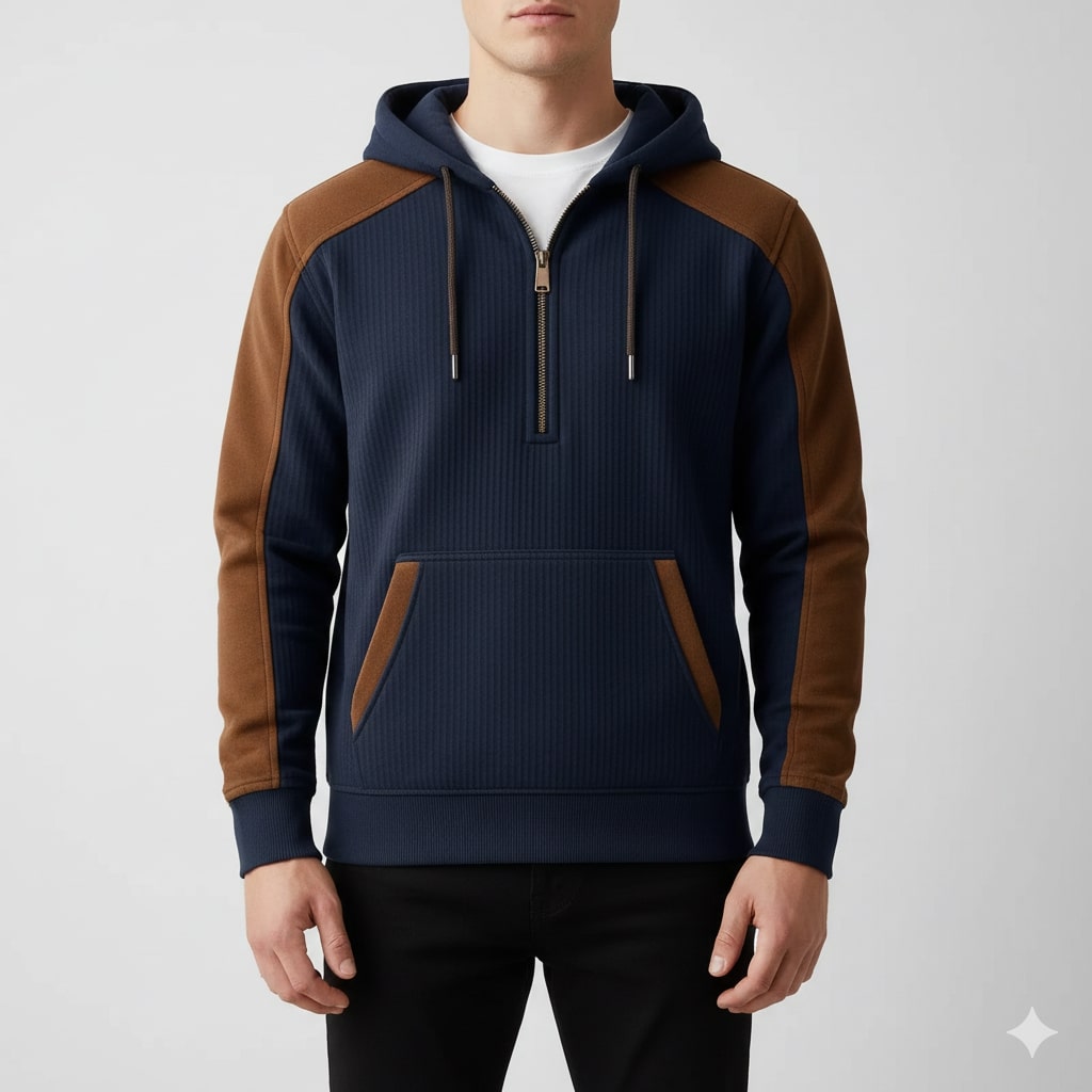 Carlos Men’s Quarter-Zip Hoodie – Corduroy Cotton Blend Sweatshirt with Contrast Panels