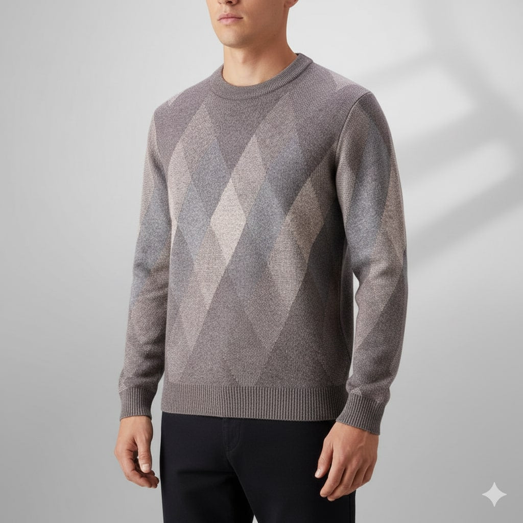Caleb Men’s Knit Sweater – Premium Wool-Blend Argyle Crewneck Pullover