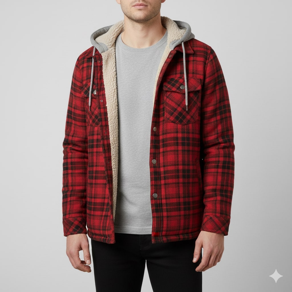 Florent Men’s Hoodie Jacket – Sherpa-Lined Flannel Hoodie for Winter Wear