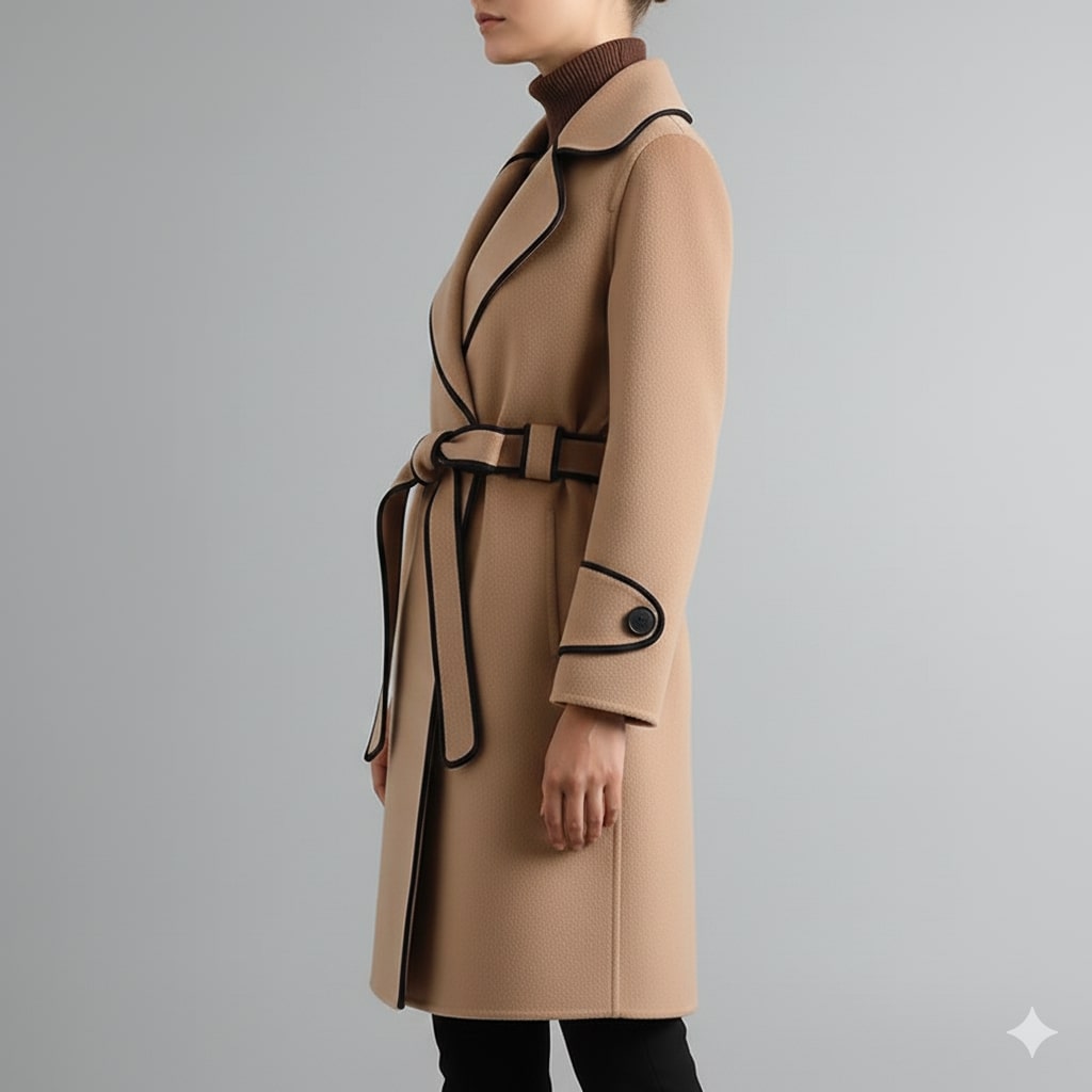 Adriana Women’s Wool Coat – Belted Coat with Contrast Trim & Warm Interior