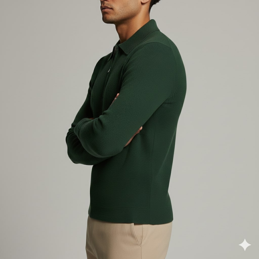 Sergio Men’s Knit Sweater – Waffle Texture Quarter-Zip Polo Shirt