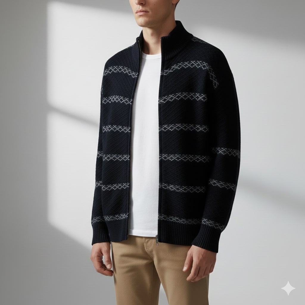 Mateo Men’s Zip-Up Cardigan – Textured Knit Sweater with Structured Stand Collar