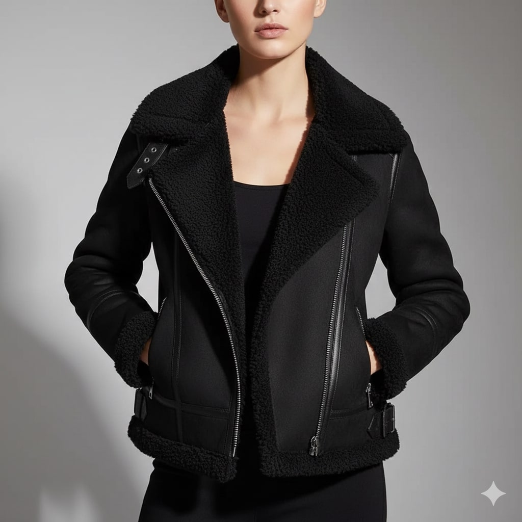 Polina Women’s Shearling Jacket – Aviator Suede Jacket with Plush Lining