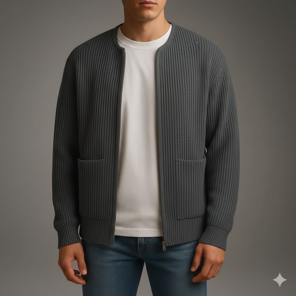 Jayden Men’s Knit Cardigan – Zip Up Sweater with Textured Knit & Patch Pockets