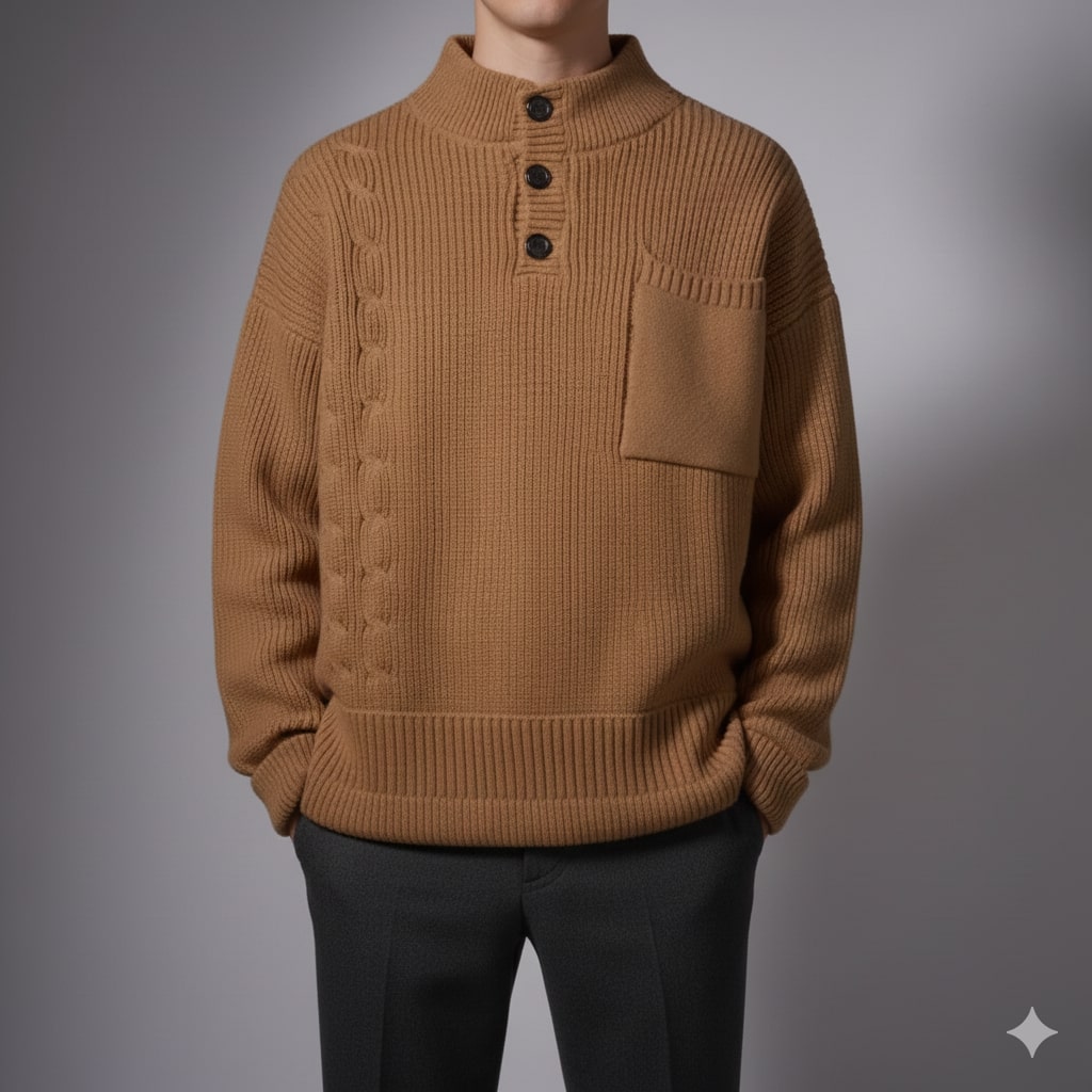 Luca Men’s Cable Knit Pullover – Soft O-Neck Sweater with Button Detail