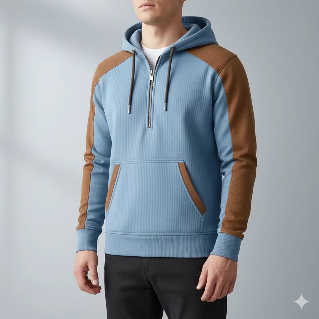 Carlos Men’s Quarter-Zip Hoodie – Corduroy Cotton Blend Sweatshirt with Contrast Panels