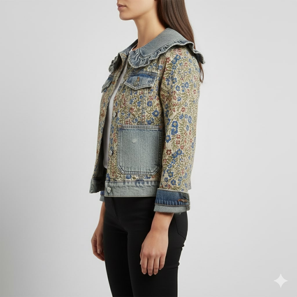 Rose Women’s Jacquard Denim Jacket – Floral Textured Lightweight Cropped Jacket