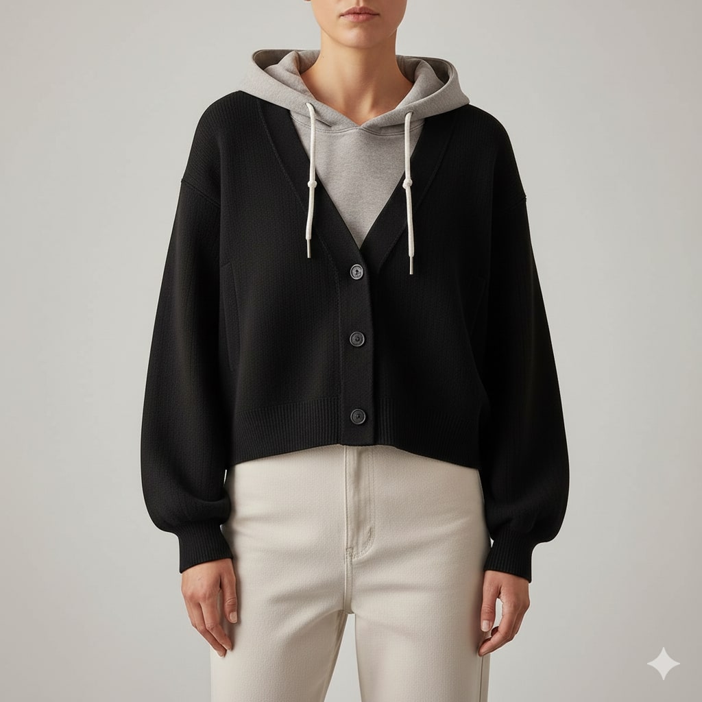 Elisa Women’s Cropped Cardigan – Puff Sleeve Zip-Up Knitted Hooded Cardigan