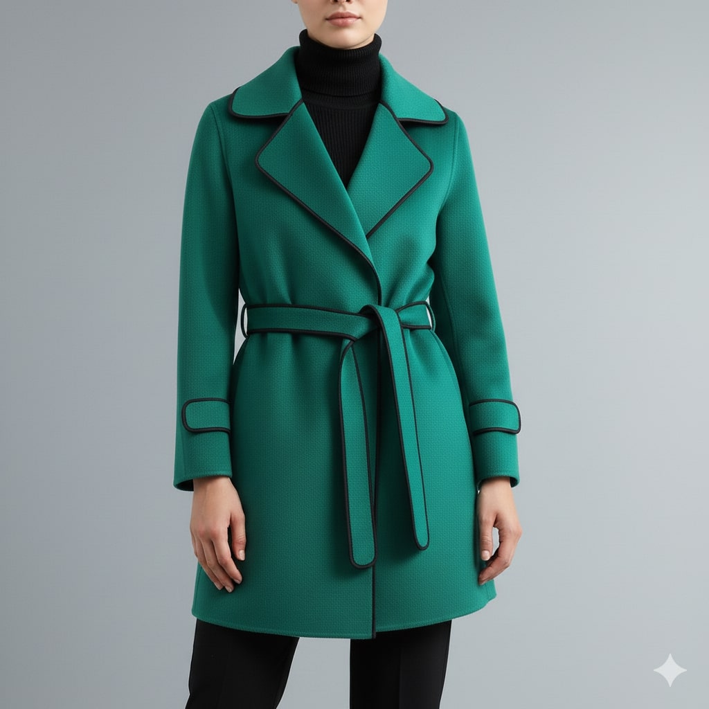 Adriana Women’s Wool Coat – Belted Coat with Contrast Trim & Warm Interior