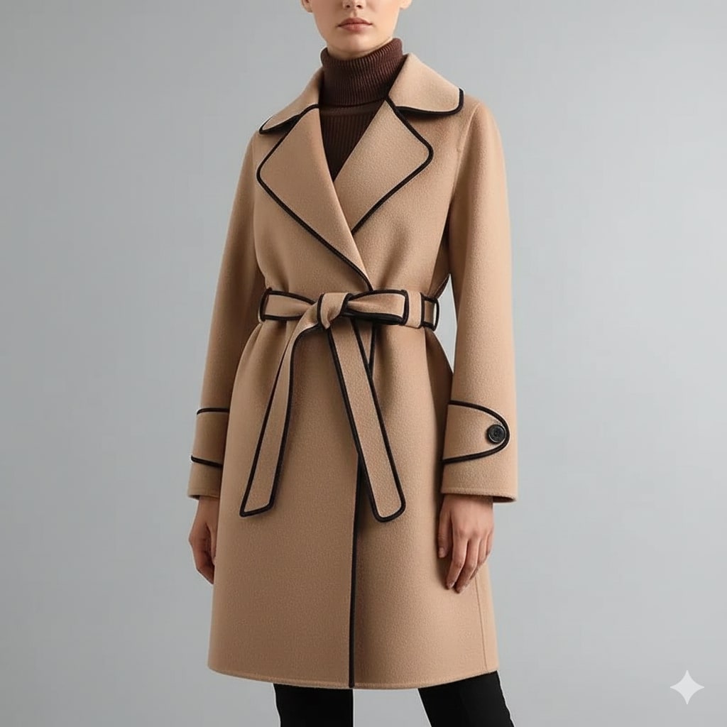 Adriana Women’s Wool Coat – Belted Coat with Contrast Trim & Warm Interior