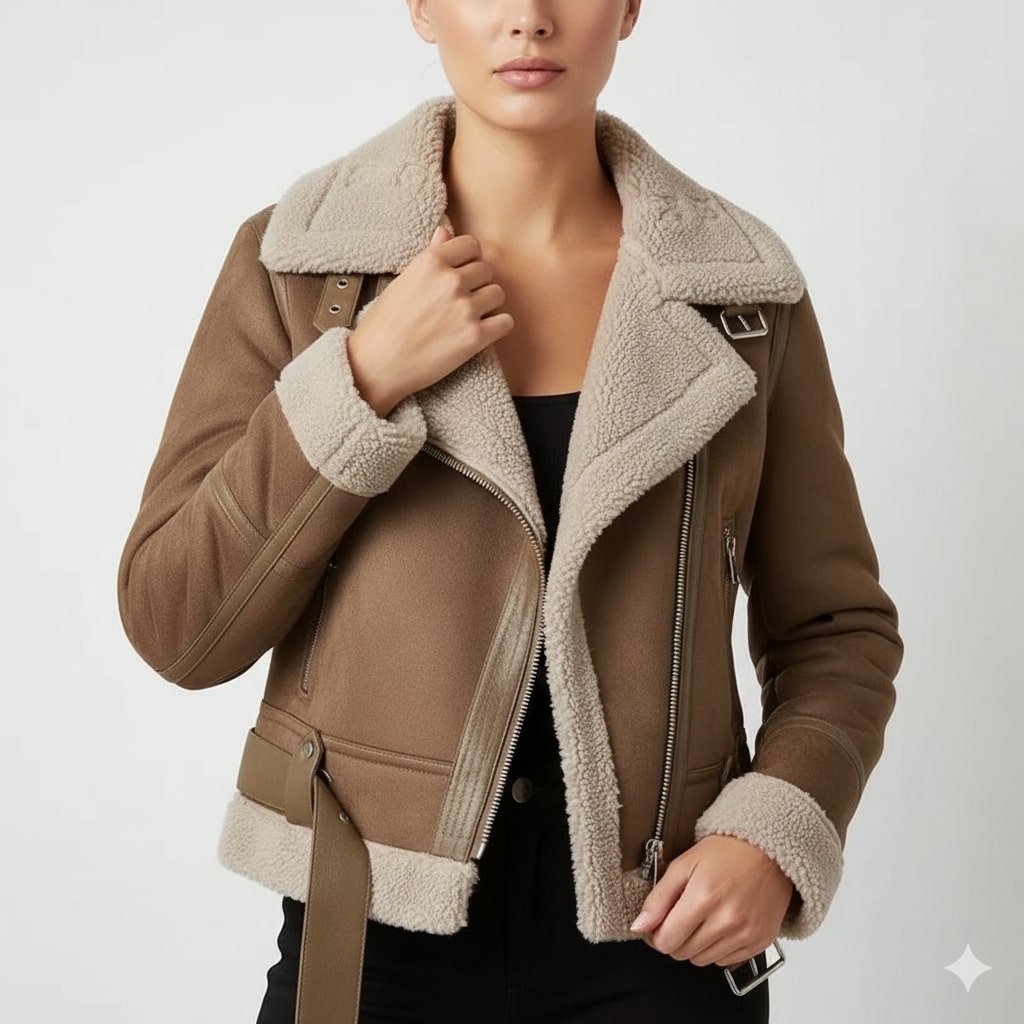 Polina Women’s Shearling Jacket – Aviator Suede Jacket with Plush Lining