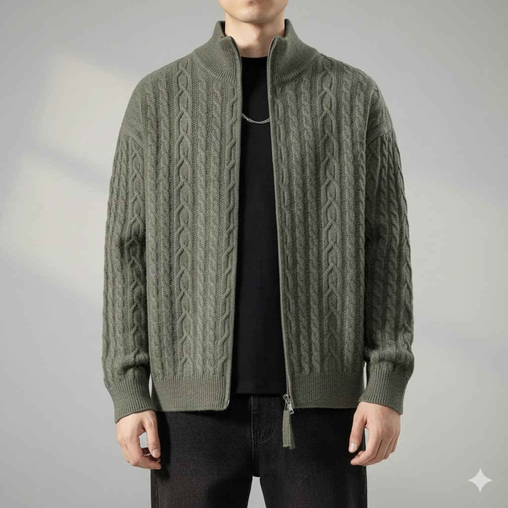 Denis Men’s Zip-Up Cardigan – Soft Wool  Cable Knit Mid-Weight Sweater