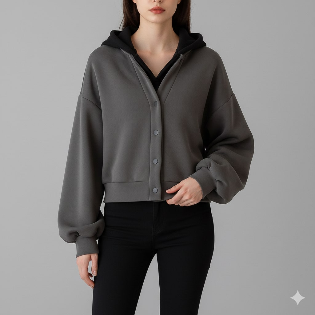 Elisa Women’s Cropped Cardigan – Puff Sleeve Zip-Up Knitted Hooded Cardigan