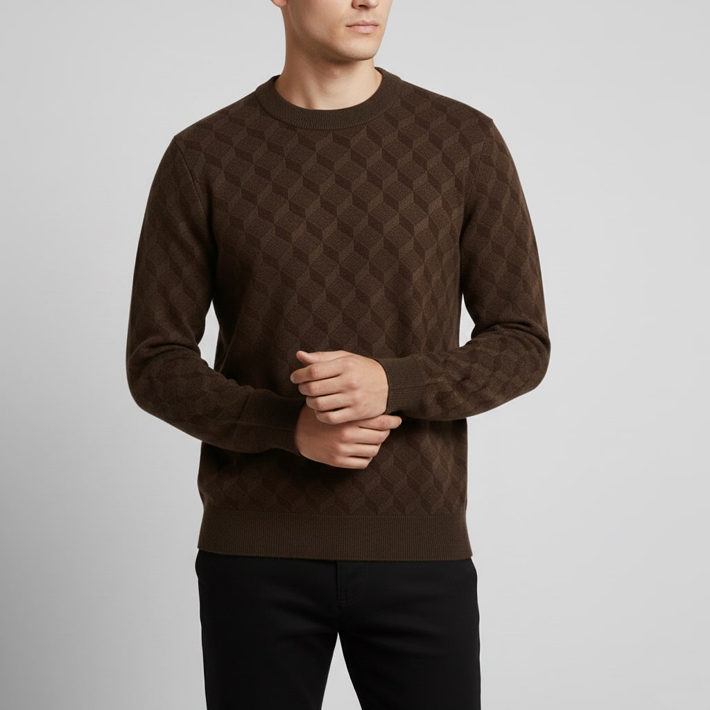 Martin Men’s Knit Sweater – Soft Geometric Pattern with Ribbed Crew Neck Sweater