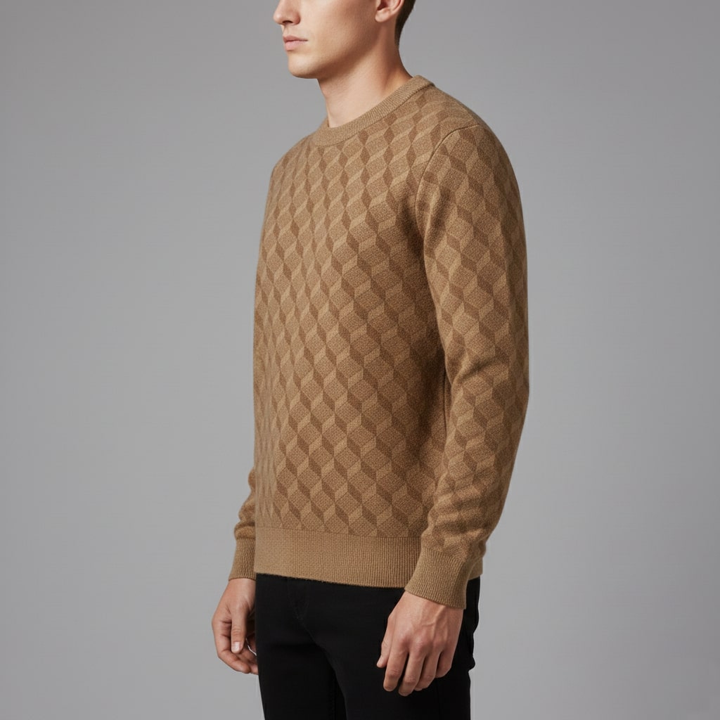 Martin Men’s Knit Sweater – Soft Geometric Pattern with Ribbed Crew Neck Sweater