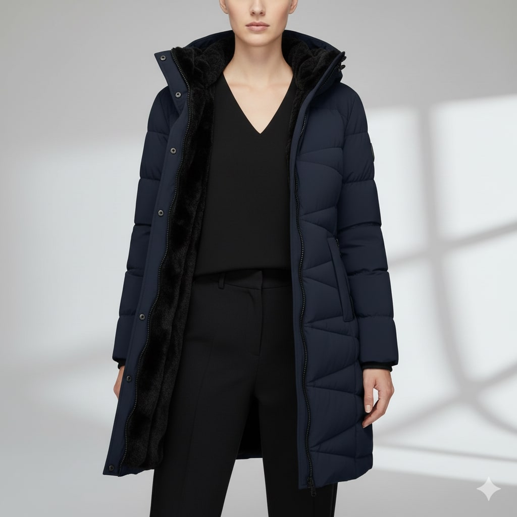Livia Women’s Long Quilted Coat – Full-Length Warm Winter Jacket with Hood & Plush Lining