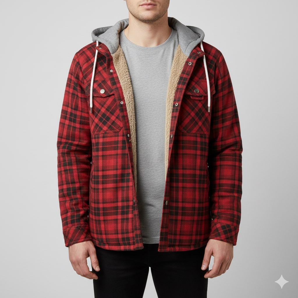 Florent Men’s Hoodie Jacket – Sherpa-Lined Flannel Hoodie for Winter Wear