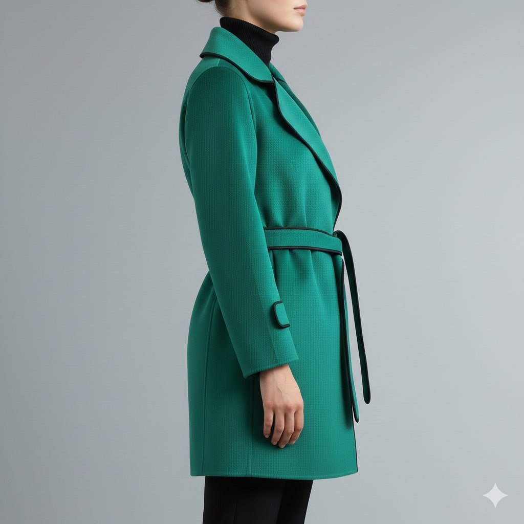 Adriana Women’s Wool Coat – Belted Coat with Contrast Trim & Warm Interior