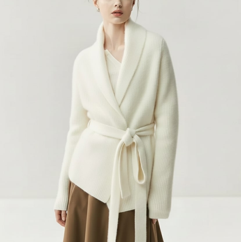 Alina Women’s Belted Cardigan – Soft  Wool Ribbed Knit with Waist Tie