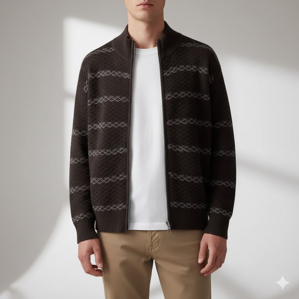 Mateo Men’s Zip-Up Cardigan – Textured Knit Sweater with Structured Stand Collar