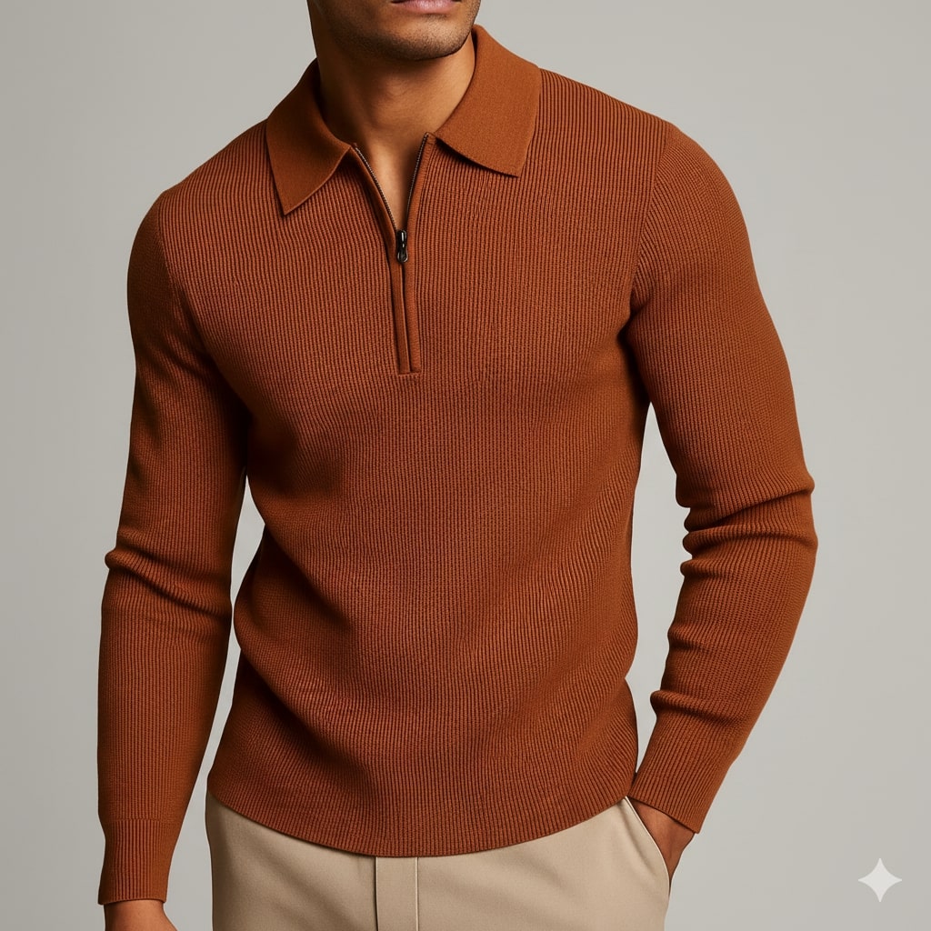 Sergio Men’s Knit Sweater – Waffle Texture Quarter-Zip Polo Shirt
