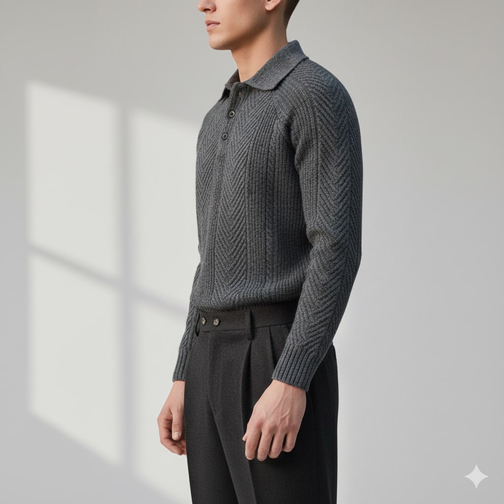 Xavier Men’s Knit Polo Sweater – Wool-Blend Cable Knit Pullover with Tailored Modern Fit