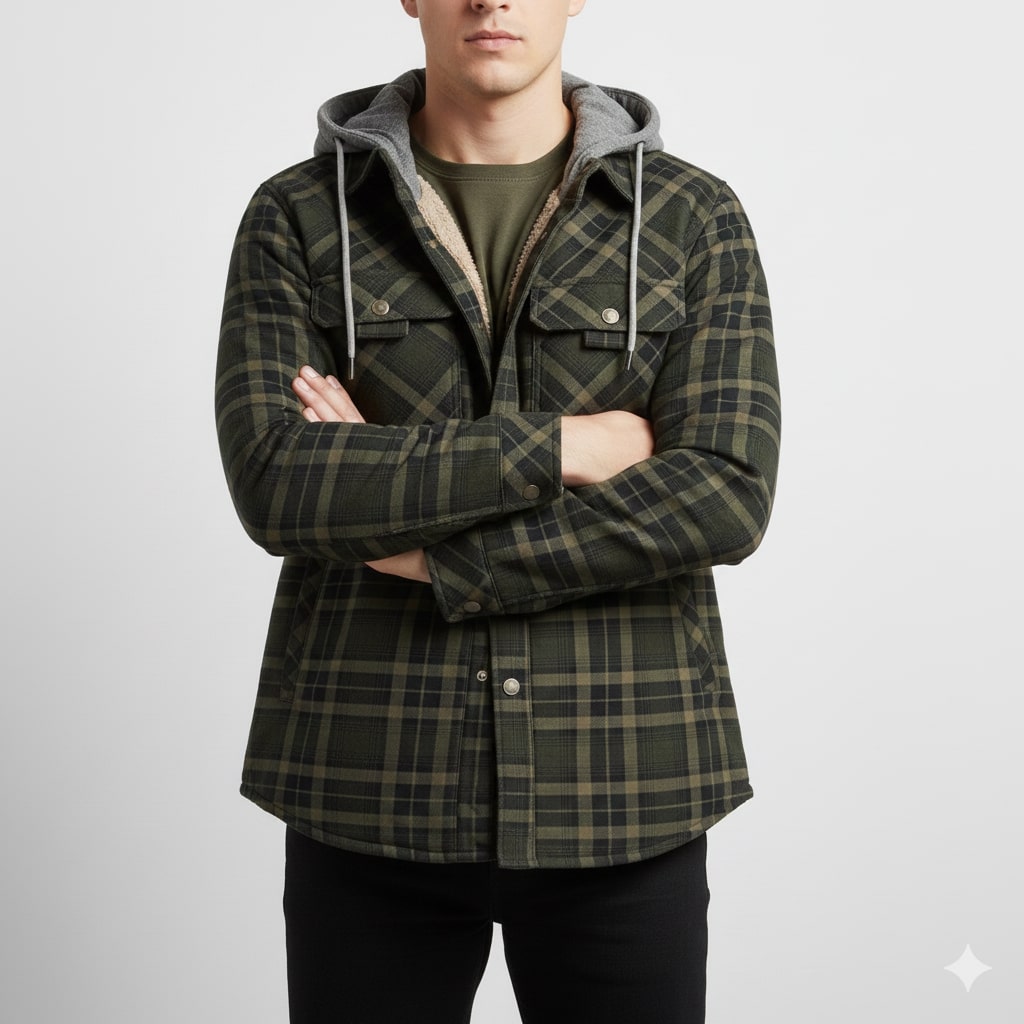 Florent Men’s Hoodie Jacket – Sherpa-Lined Flannel Hoodie for Winter Wear