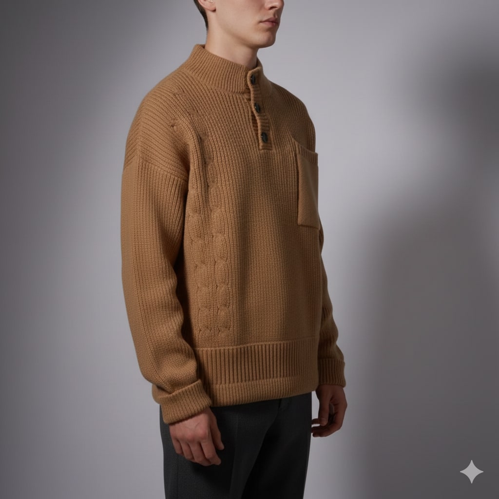 Luca Men’s Cable Knit Pullover – Soft O-Neck Sweater with Button Detail