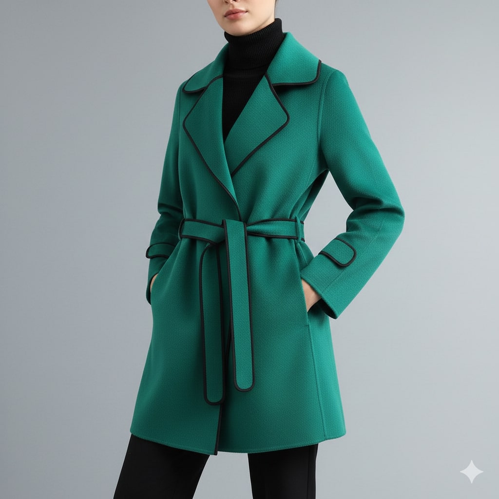 Adriana Women’s Wool Coat – Belted Coat with Contrast Trim & Warm Interior