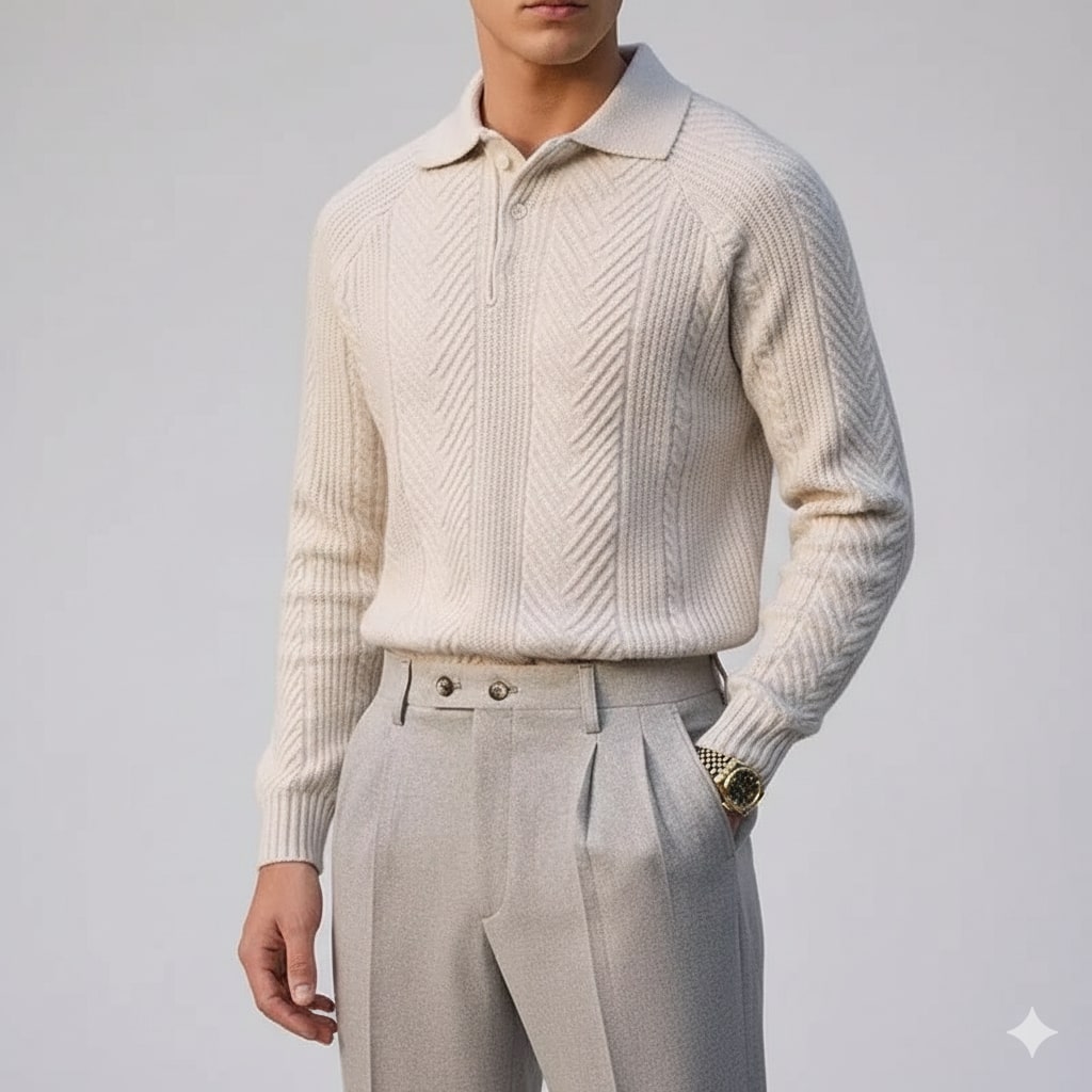 Xavier Men’s Knit Polo Sweater – Wool-Blend Cable Knit Pullover with Tailored Modern Fit