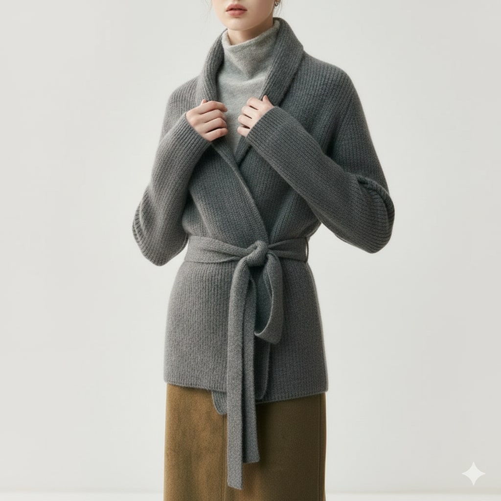 Alina Women’s Belted Cardigan – Soft  Wool Ribbed Knit with Waist Tie