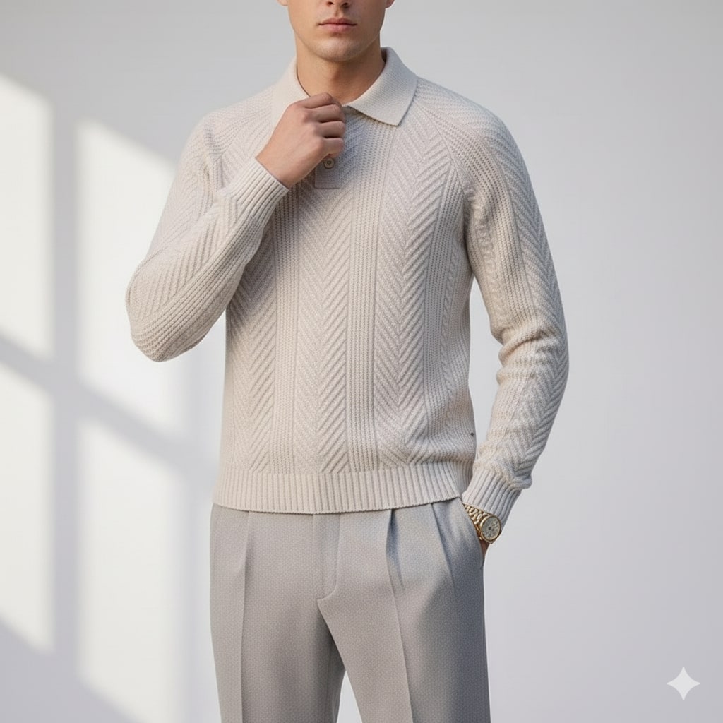 Xavier Men’s Knit Polo Sweater – Wool-Blend Cable Knit Pullover with Tailored Modern Fit