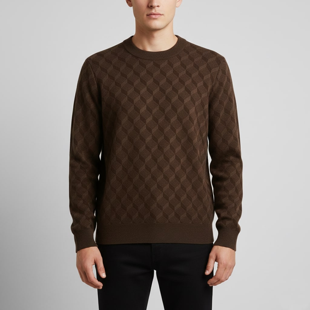 Martin Men’s Knit Sweater – Soft Geometric Pattern with Ribbed Crew Neck Sweater