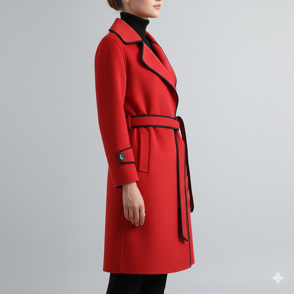 Adriana Women’s Wool Coat – Belted Coat with Contrast Trim & Warm Interior