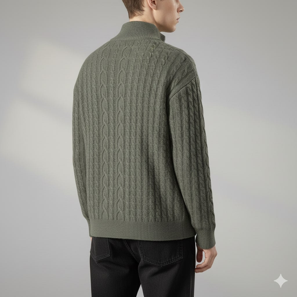 Denis Men’s Zip-Up Cardigan – Soft Wool  Cable Knit Mid-Weight Sweater