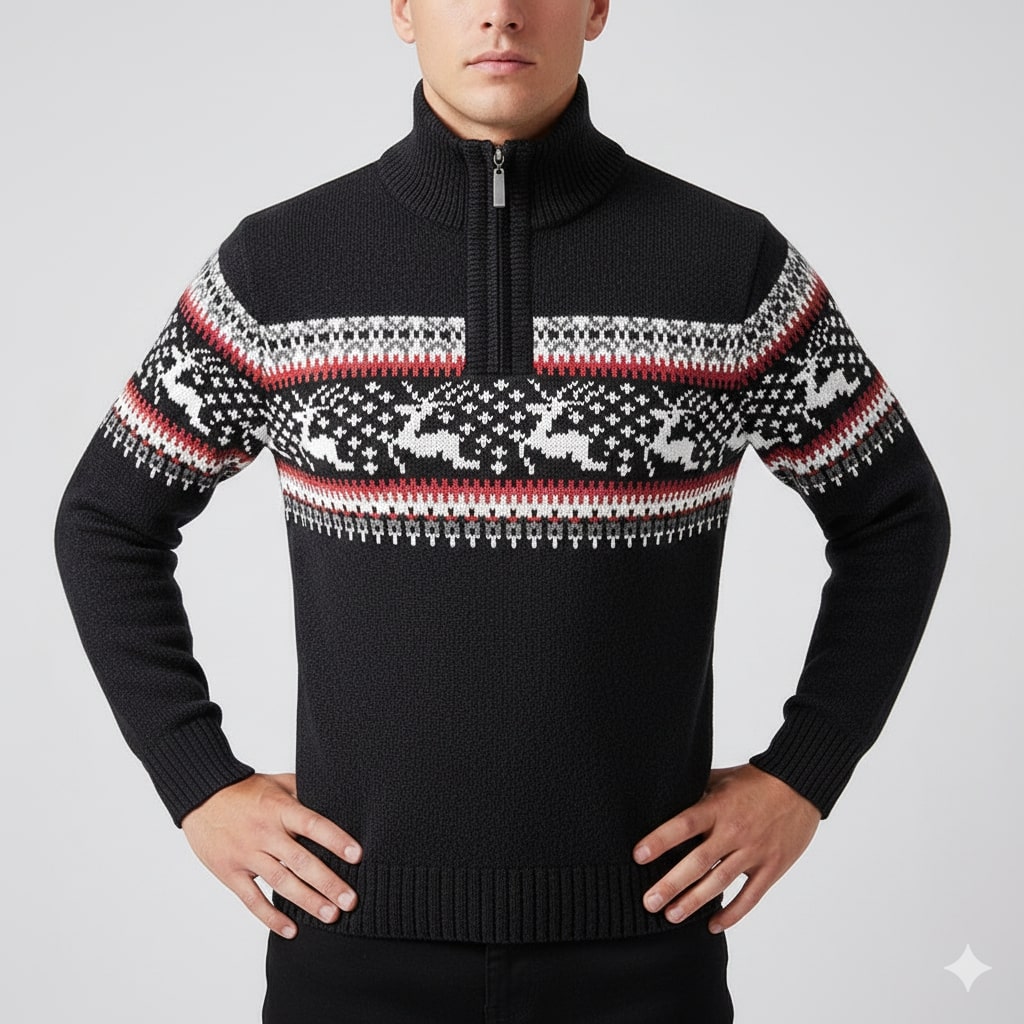 Mehdi Men's Christmas Sweater – Wool Knit Quarter-Zip Pullover