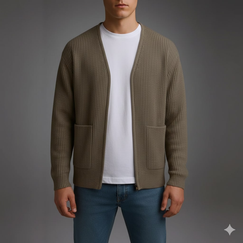 Jayden Men’s Knit Cardigan – Zip Up Sweater with Textured Knit & Patch Pockets