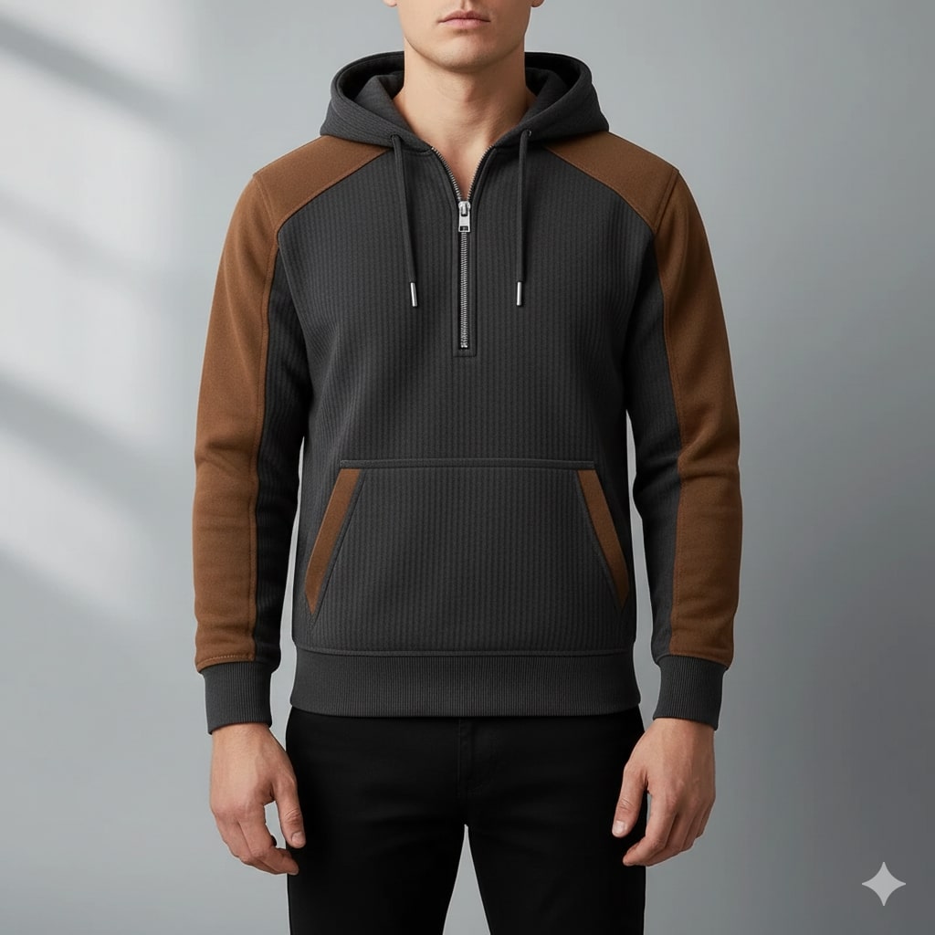 Carlos Men’s Quarter-Zip Hoodie – Corduroy Cotton Blend Sweatshirt with Contrast Panels