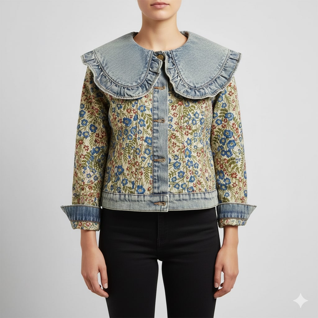 Rose Women’s Jacquard Denim Jacket – Floral Textured Lightweight Cropped Jacket
