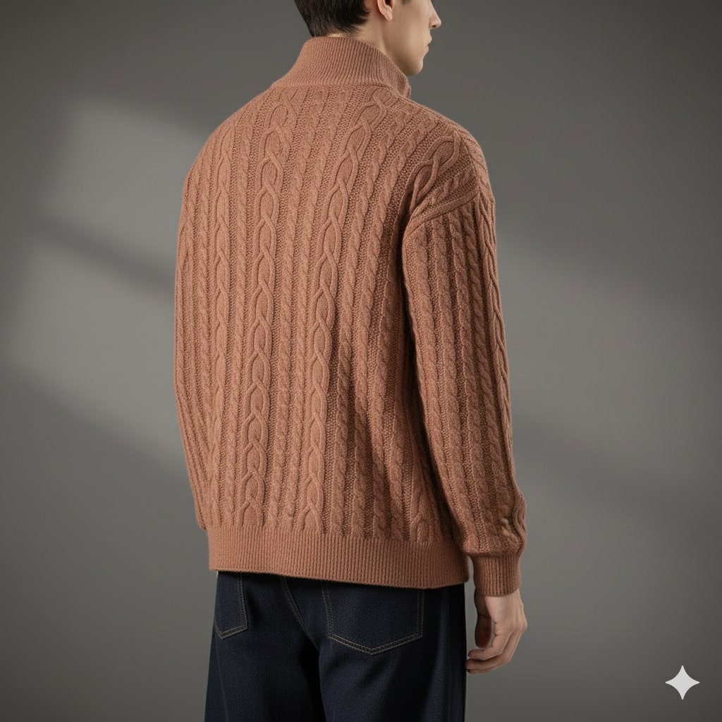 Denis Men’s Zip-Up Cardigan – Soft Wool  Cable Knit Mid-Weight Sweater