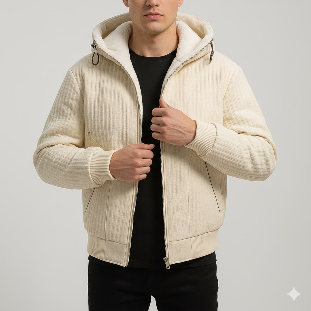 Kamal Men’s Sherpa Hoodie Jacket – Heavyweight Fleece Lined Quilted Zip-Up Jacket