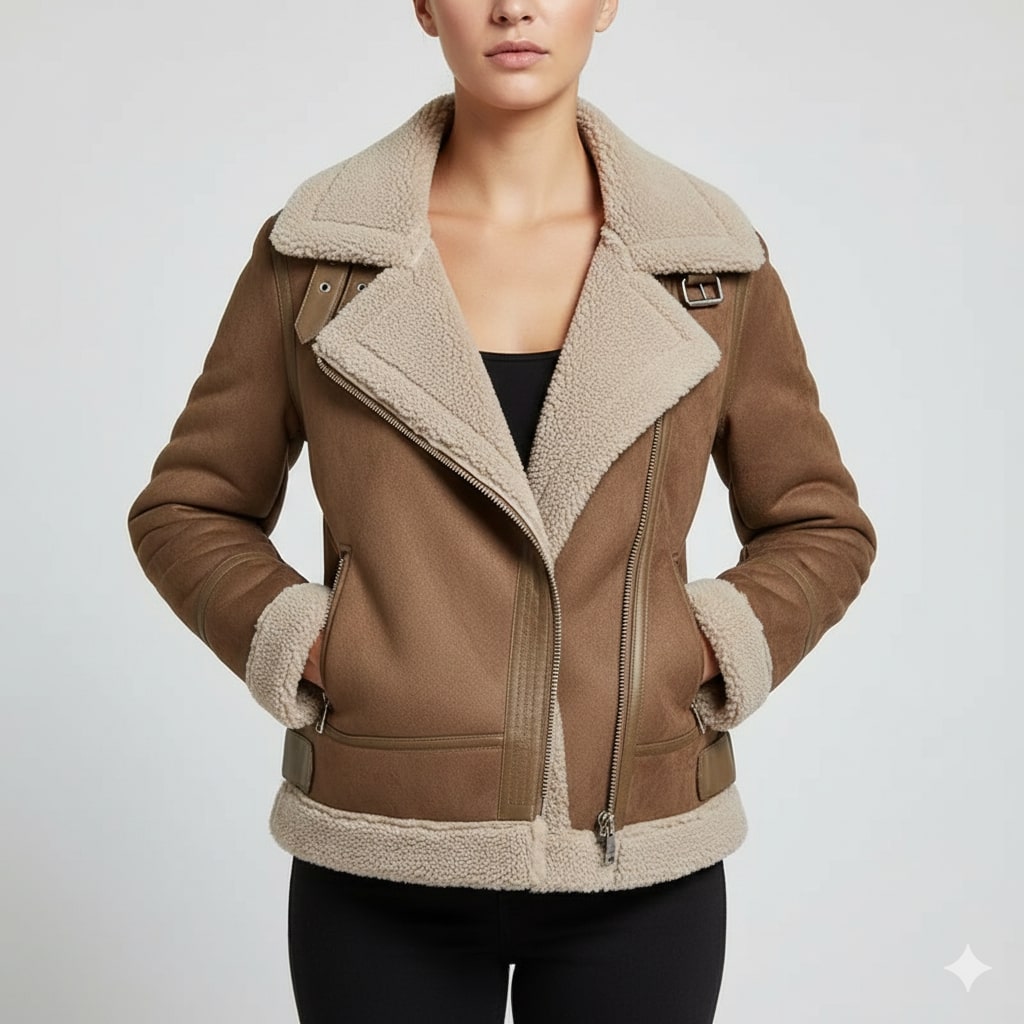 Polina Women’s Shearling Jacket – Aviator Suede Jacket with Plush Lining