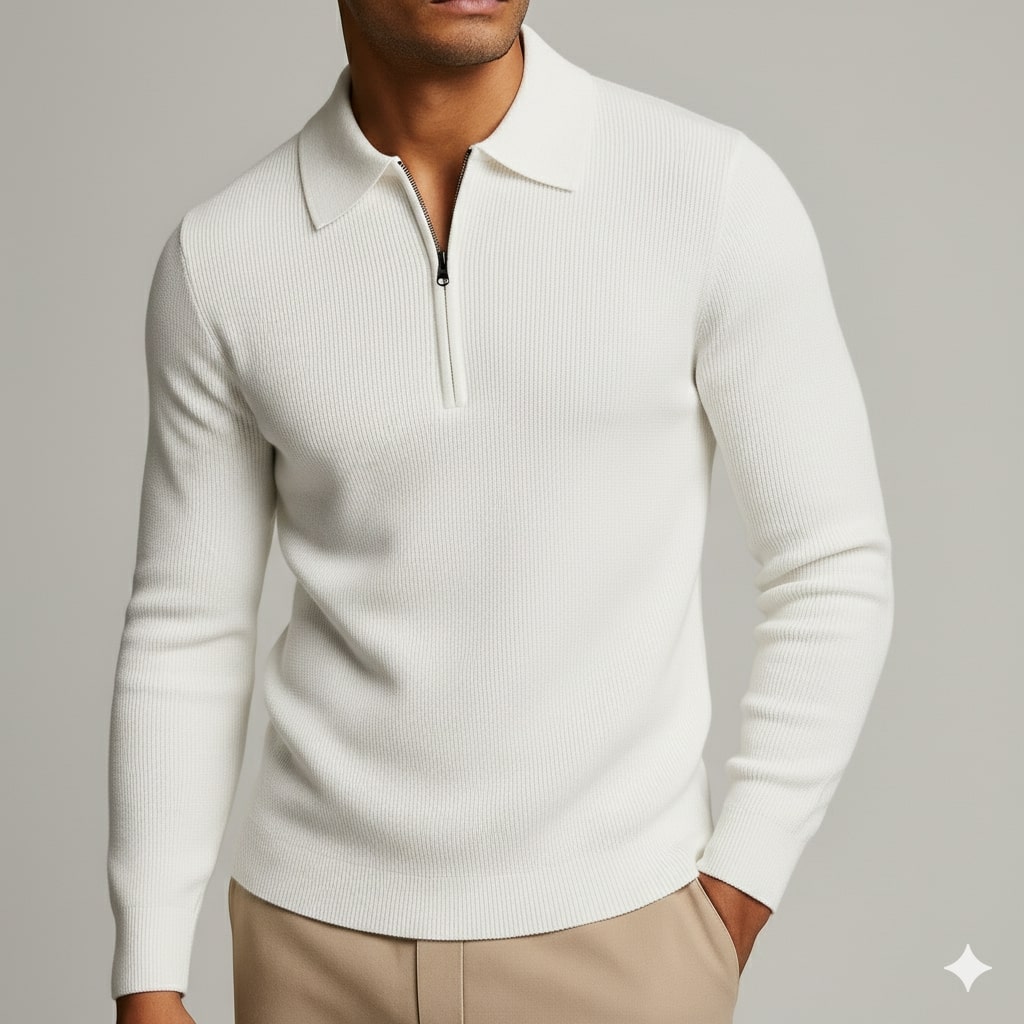 Sergio Men’s Knit Sweater – Waffle Texture Quarter-Zip Polo Shirt