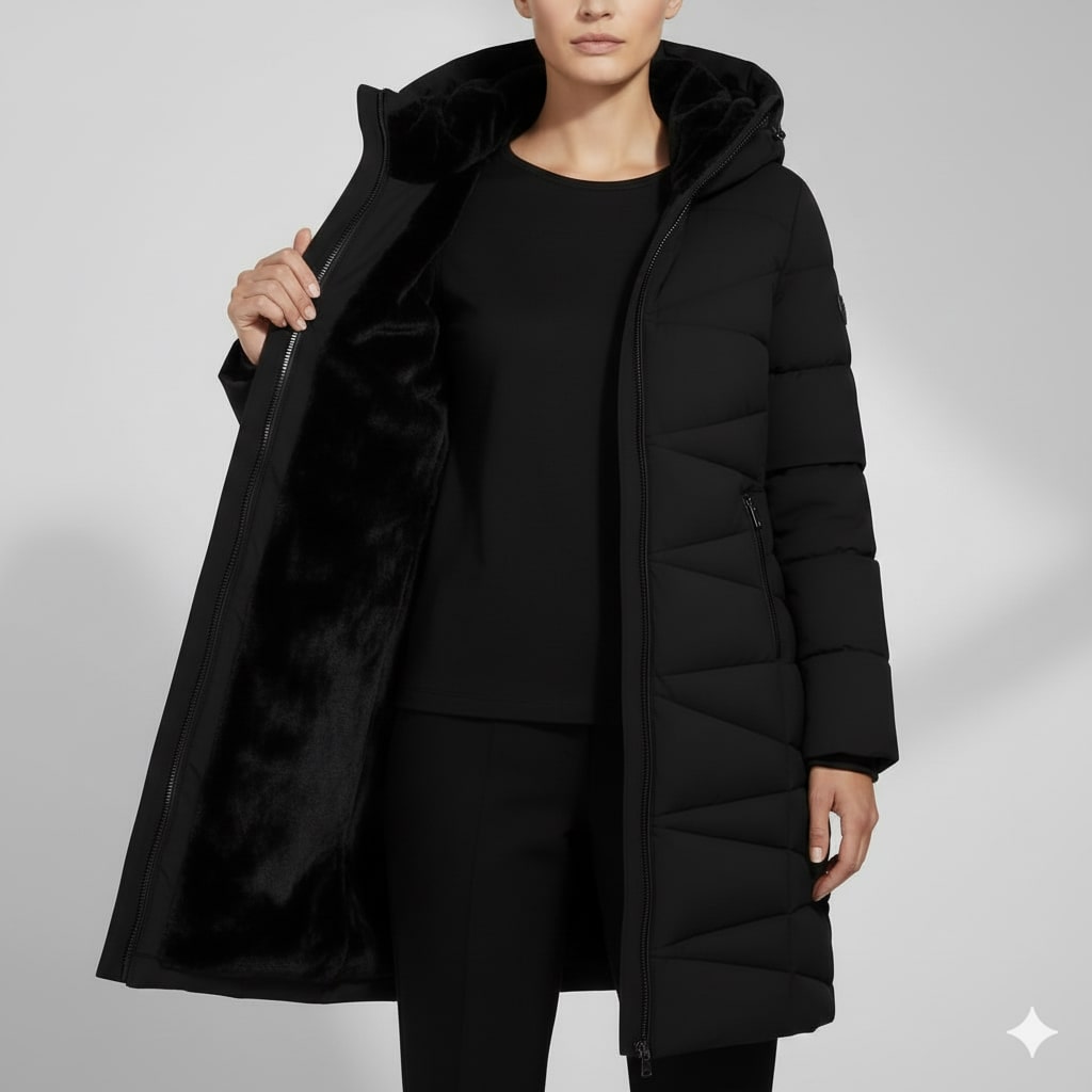 Livia Women’s Long Quilted Coat – Full-Length Warm Winter Jacket with Hood & Plush Lining