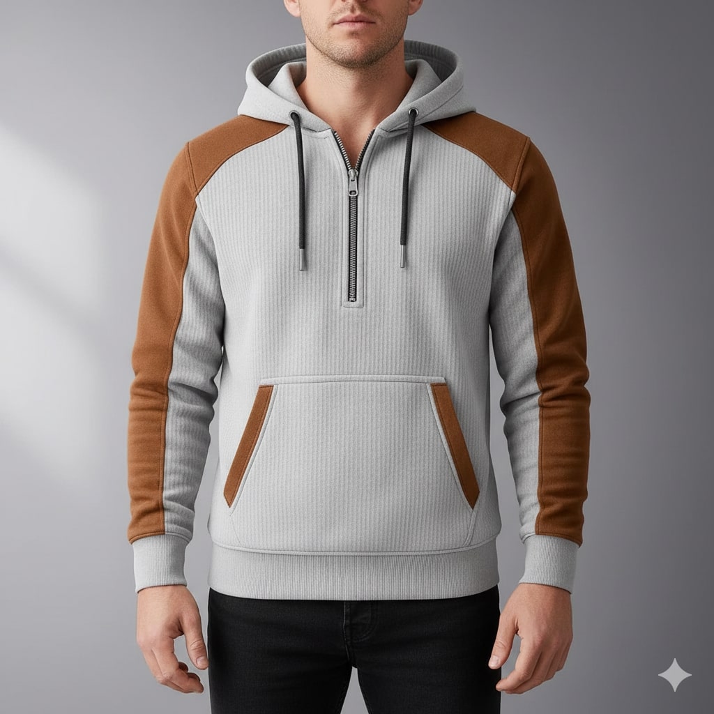 Carlos Men’s Quarter-Zip Hoodie – Corduroy Cotton Blend Sweatshirt with Contrast Panels