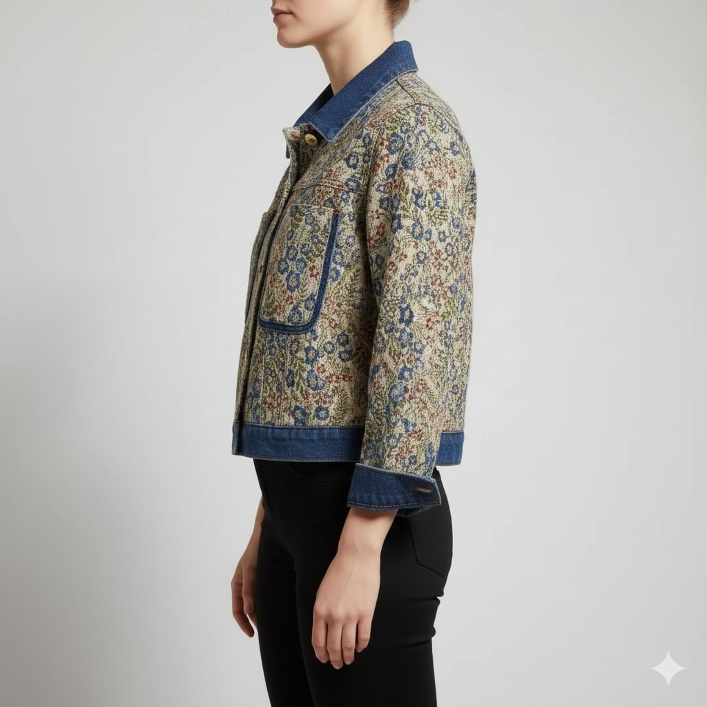 Rose Women’s Jacquard Denim Jacket – Floral Textured Lightweight Cropped Jacket