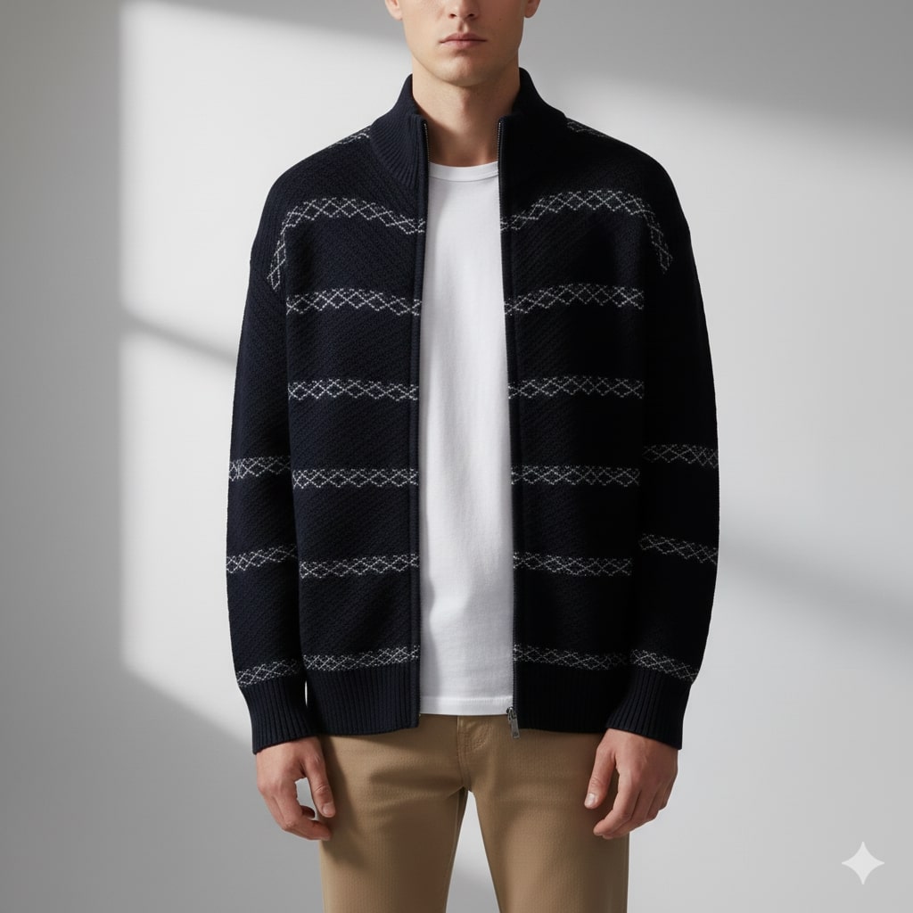 Mateo Men’s Zip-Up Cardigan – Textured Knit Sweater with Structured Stand Collar