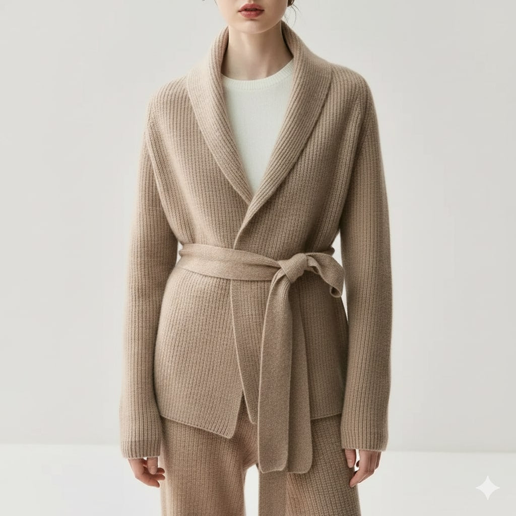 Alina Women’s Belted Cardigan – Soft  Wool Ribbed Knit with Waist Tie
