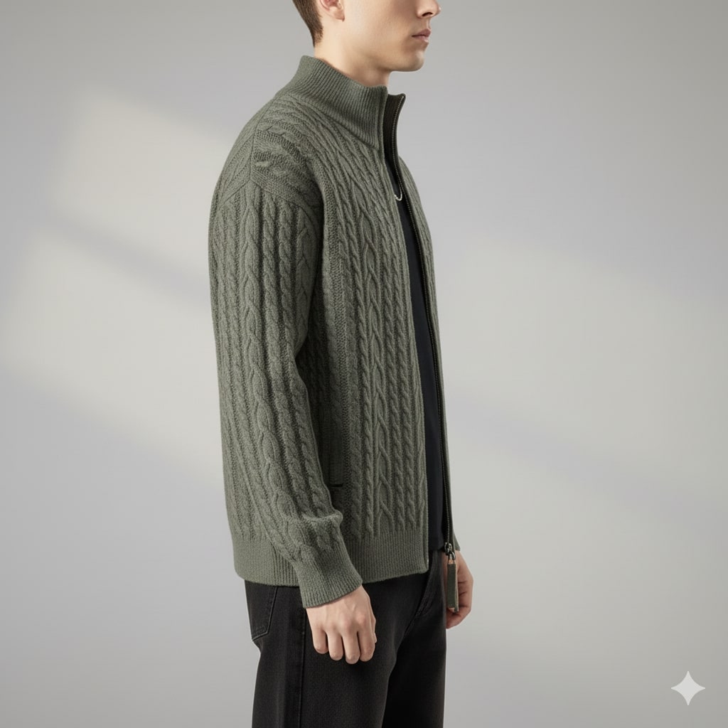 Denis Men’s Zip-Up Cardigan – Soft Wool  Cable Knit Mid-Weight Sweater